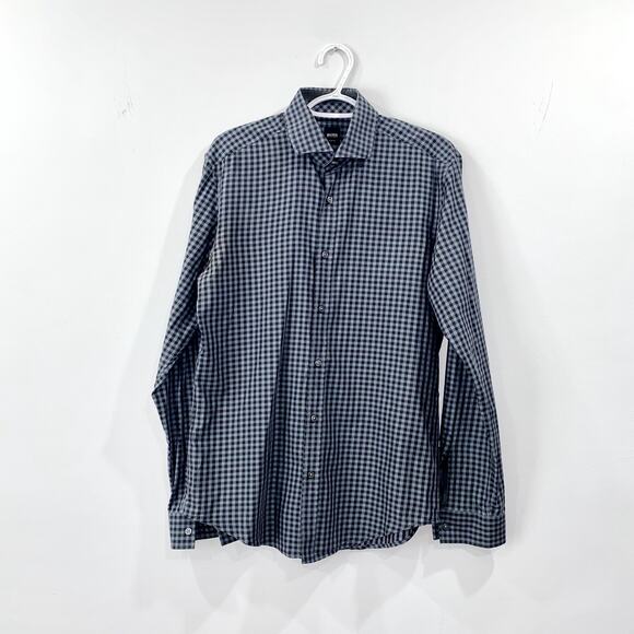 Hugo Boss Men's Slim Fit Checkered Dress Shirt Blue Gray Gingham Long Sleeve M - Picture 2 of 11